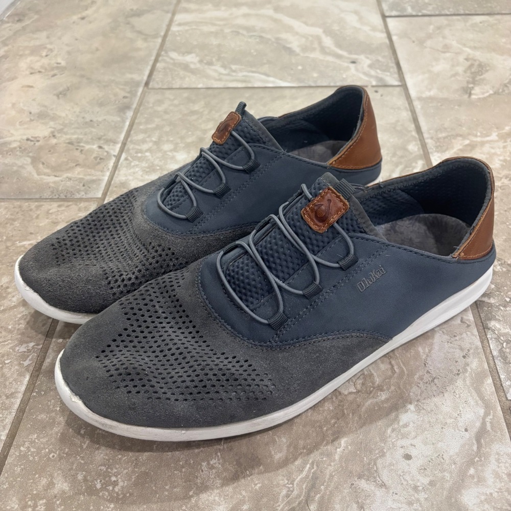 OluKai Alapa Li Mens 12 Blue Grey Suede Mesh Drop-In Heel Sneakers‎ 10418-6CFX